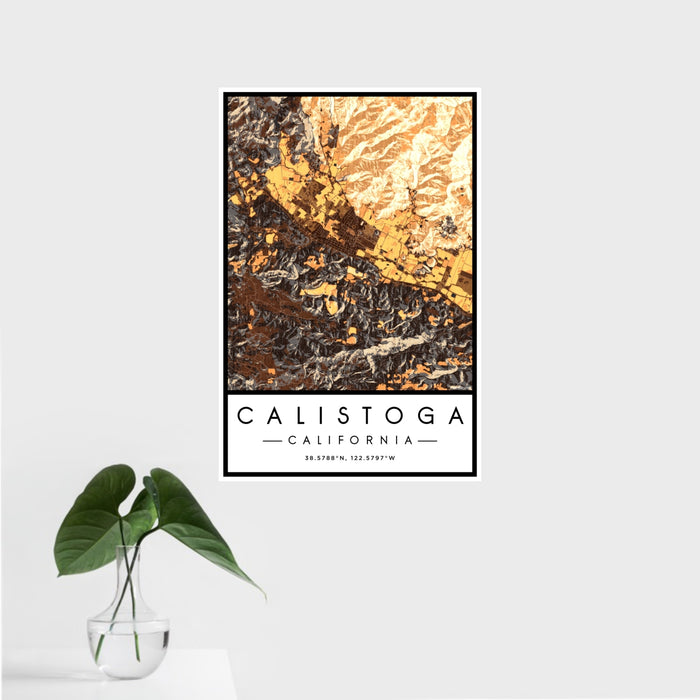 16x24 Calistoga California Map Print Portrait Orientation in Ember Style With Tropical Plant Leaves in Water