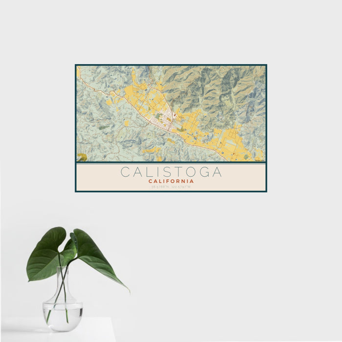 16x24 Calistoga California Map Print Landscape Orientation in Woodblock Style With Tropical Plant Leaves in Water