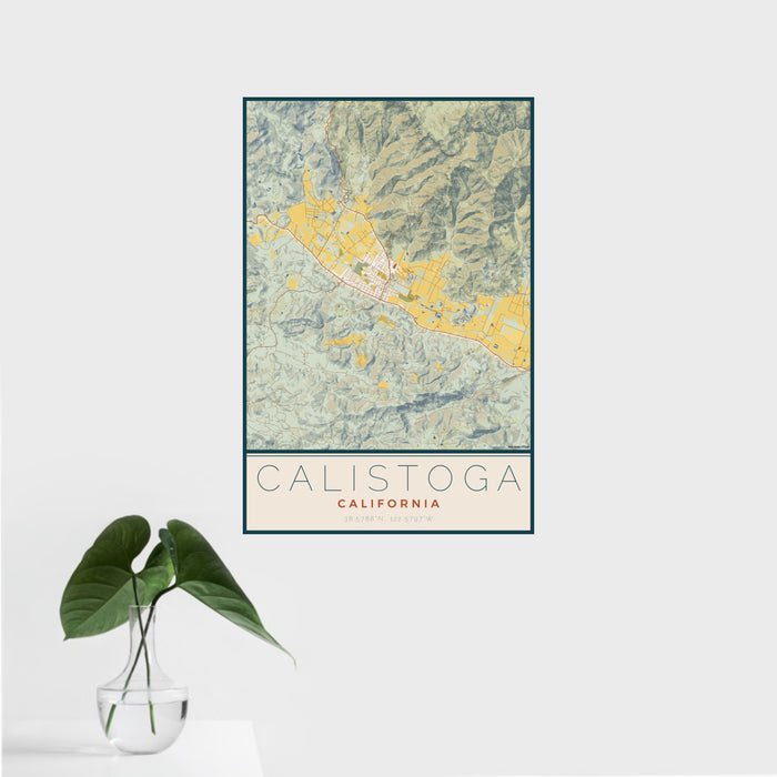 16x24 Calistoga California Map Print Portrait Orientation in Woodblock Style With Tropical Plant Leaves in Water