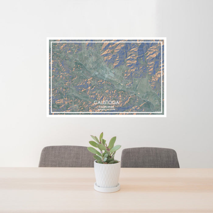 24x36 Calistoga California Map Print Lanscape Orientation in Afternoon Style Behind 2 Chairs Table and Potted Plant