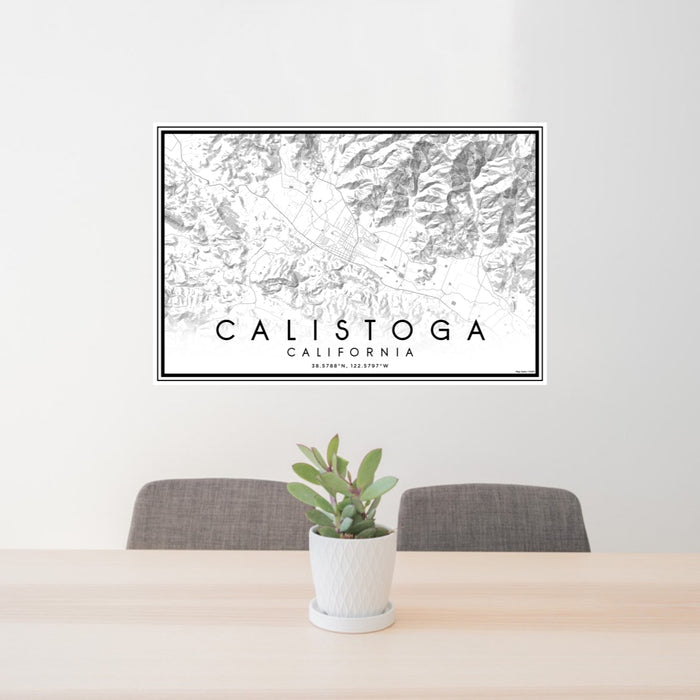 24x36 Calistoga California Map Print Lanscape Orientation in Classic Style Behind 2 Chairs Table and Potted Plant