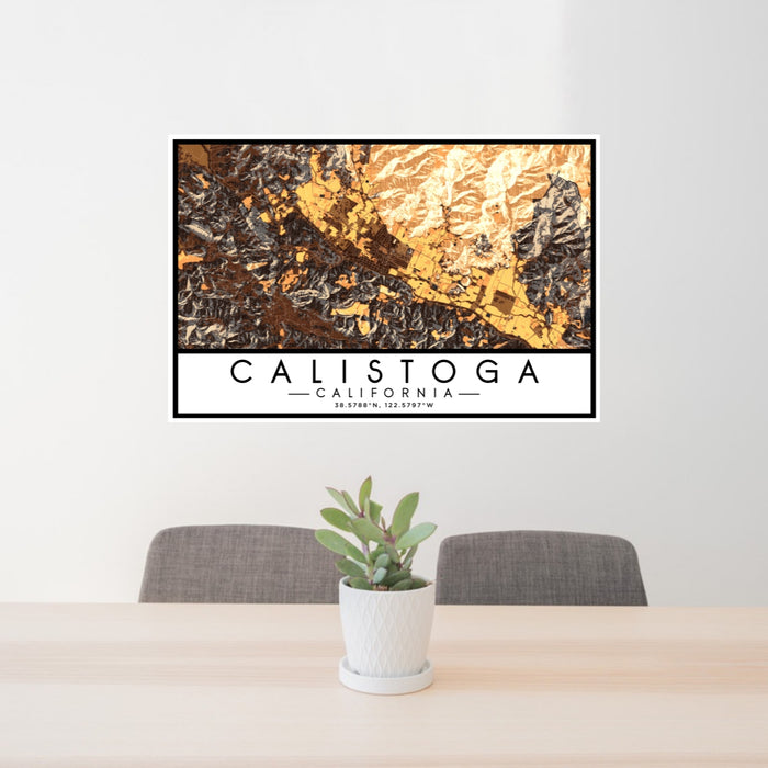 24x36 Calistoga California Map Print Lanscape Orientation in Ember Style Behind 2 Chairs Table and Potted Plant