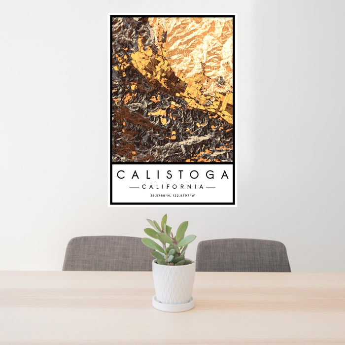24x36 Calistoga California Map Print Portrait Orientation in Ember Style Behind 2 Chairs Table and Potted Plant
