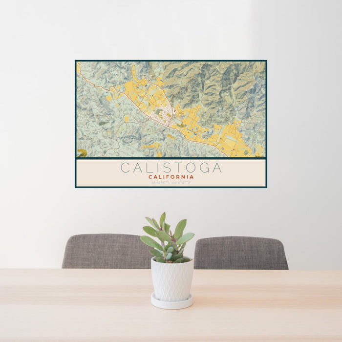 24x36 Calistoga California Map Print Lanscape Orientation in Woodblock Style Behind 2 Chairs Table and Potted Plant