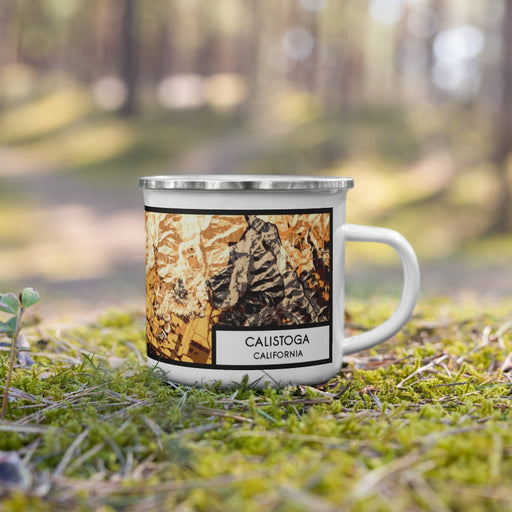 Right View Custom Calistoga California Map Enamel Mug in Ember on Grass With Trees in Background