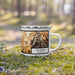 Right View Custom Calistoga California Map Enamel Mug in Ember on Grass With Trees in Background
