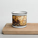 Front View Custom Calistoga California Map Enamel Mug in Ember on Cutting Board