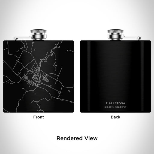Rendered View of Calistoga California Map Engraving on 6oz Stainless Steel Flask in Black