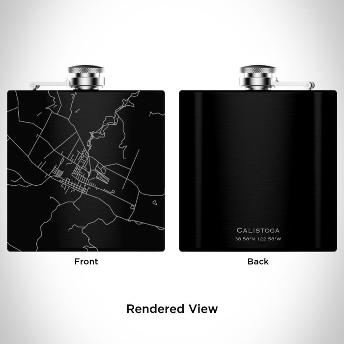Rendered View of Calistoga California Map Engraving on 6oz Stainless Steel Flask in Black