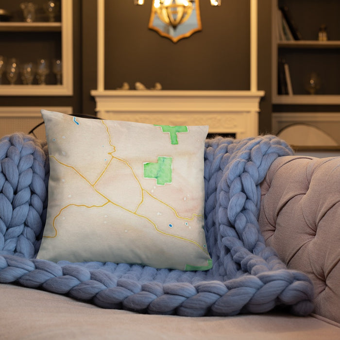 Custom Calistoga California Map Throw Pillow in Watercolor on Cream Colored Couch