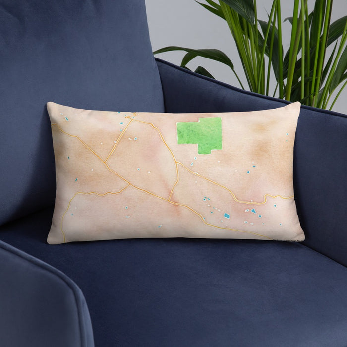 Custom Calistoga California Map Throw Pillow in Watercolor on Blue Colored Chair