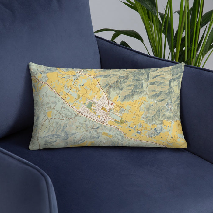 Custom Calistoga California Map Throw Pillow in Woodblock on Blue Colored Chair