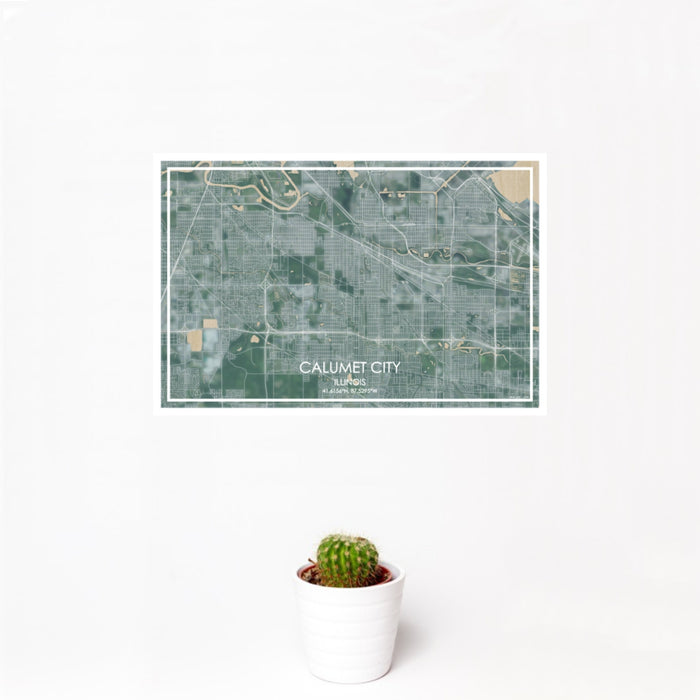 12x18 Calumet City Illinois Map Print Landscape Orientation in Afternoon Style With Small Cactus Plant in White Planter