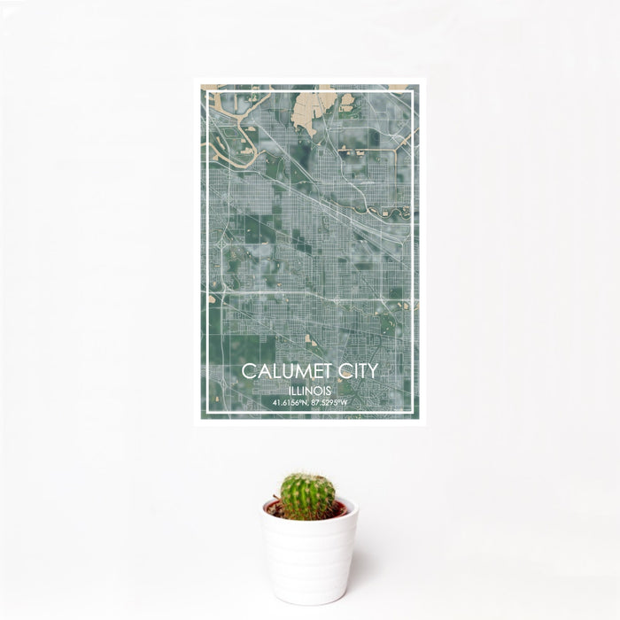 12x18 Calumet City Illinois Map Print Portrait Orientation in Afternoon Style With Small Cactus Plant in White Planter
