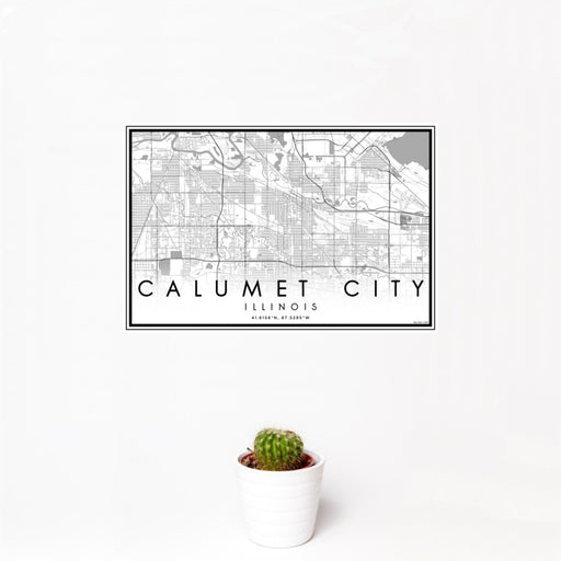 12x18 Calumet City Illinois Map Print Landscape Orientation in Classic Style With Small Cactus Plant in White Planter