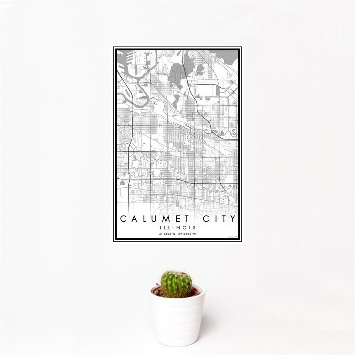 12x18 Calumet City Illinois Map Print Portrait Orientation in Classic Style With Small Cactus Plant in White Planter