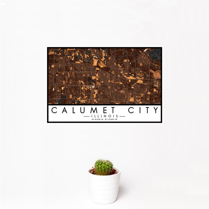 12x18 Calumet City Illinois Map Print Landscape Orientation in Ember Style With Small Cactus Plant in White Planter