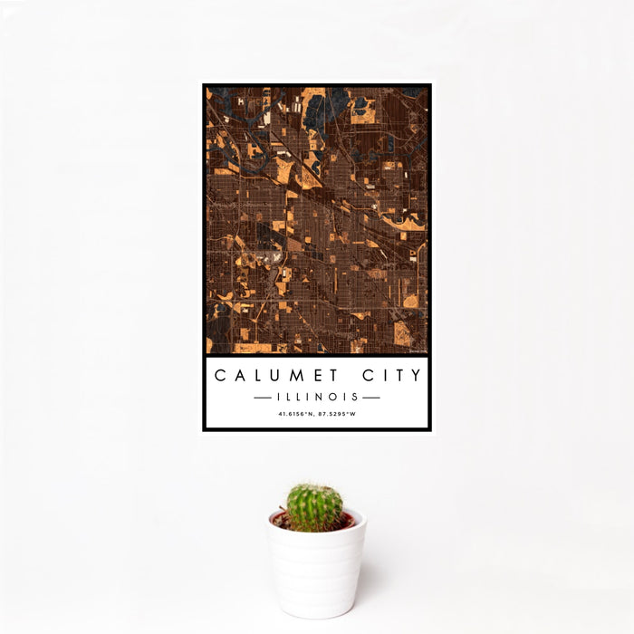 12x18 Calumet City Illinois Map Print Portrait Orientation in Ember Style With Small Cactus Plant in White Planter