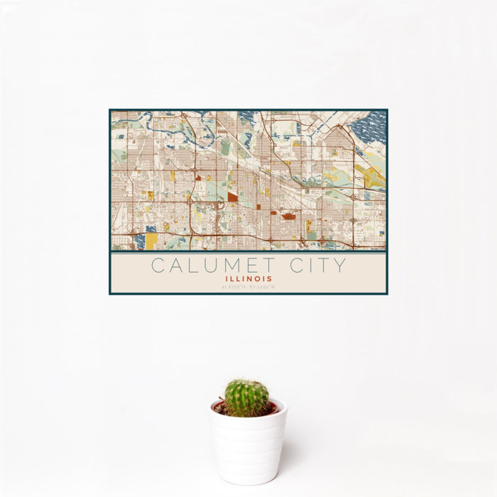 12x18 Calumet City Illinois Map Print Landscape Orientation in Woodblock Style With Small Cactus Plant in White Planter