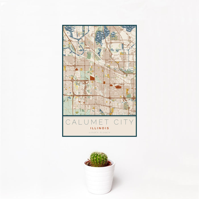 12x18 Calumet City Illinois Map Print Portrait Orientation in Woodblock Style With Small Cactus Plant in White Planter