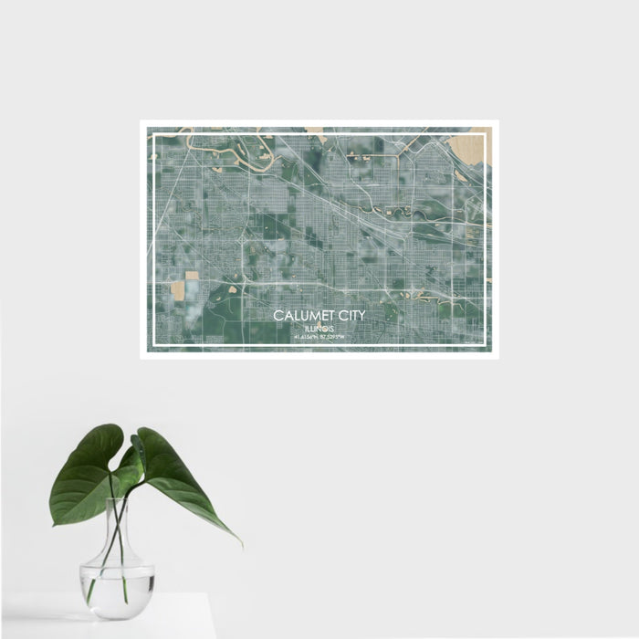 16x24 Calumet City Illinois Map Print Landscape Orientation in Afternoon Style With Tropical Plant Leaves in Water