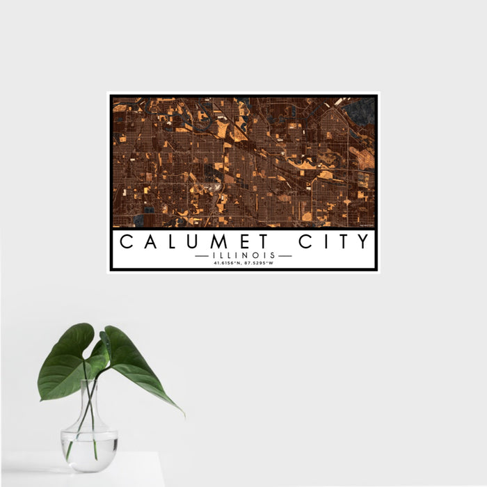 16x24 Calumet City Illinois Map Print Landscape Orientation in Ember Style With Tropical Plant Leaves in Water
