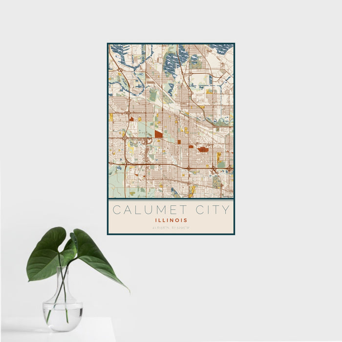 16x24 Calumet City Illinois Map Print Portrait Orientation in Woodblock Style With Tropical Plant Leaves in Water