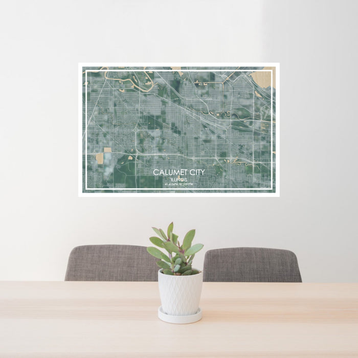 24x36 Calumet City Illinois Map Print Lanscape Orientation in Afternoon Style Behind 2 Chairs Table and Potted Plant