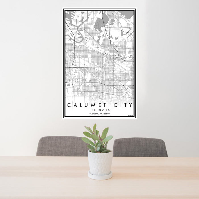 24x36 Calumet City Illinois Map Print Portrait Orientation in Classic Style Behind 2 Chairs Table and Potted Plant