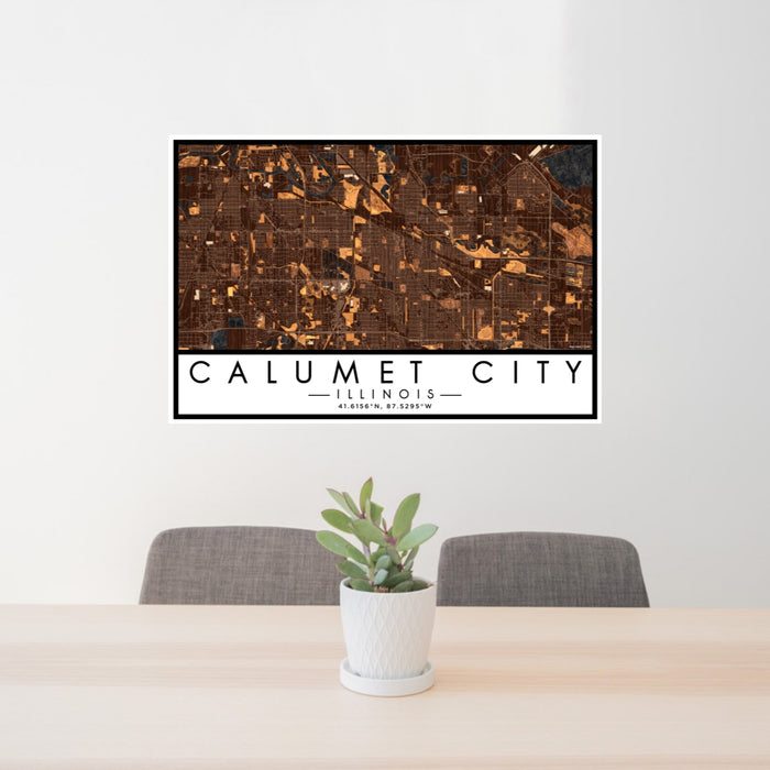 24x36 Calumet City Illinois Map Print Lanscape Orientation in Ember Style Behind 2 Chairs Table and Potted Plant