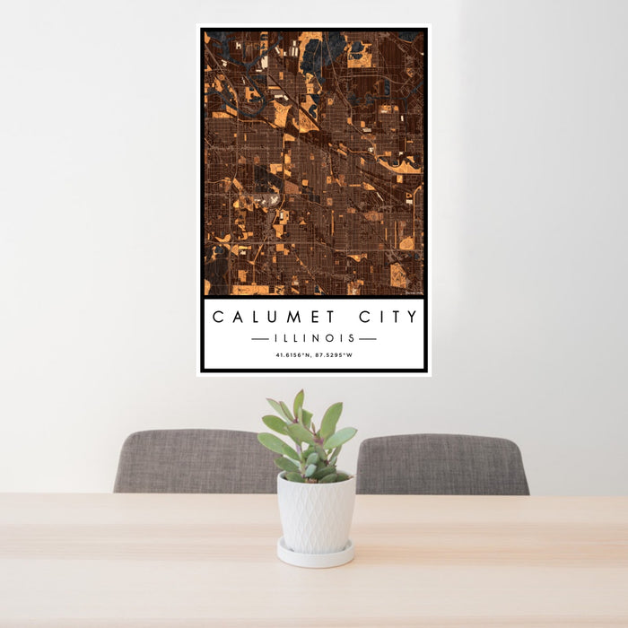 24x36 Calumet City Illinois Map Print Portrait Orientation in Ember Style Behind 2 Chairs Table and Potted Plant