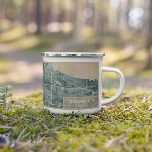 Right View Custom Calumet City Illinois Map Enamel Mug in Afternoon on Grass With Trees in Background