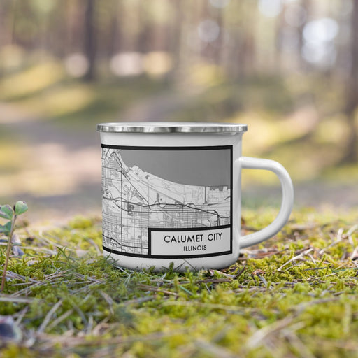 Right View Custom Calumet City Illinois Map Enamel Mug in Classic on Grass With Trees in Background
