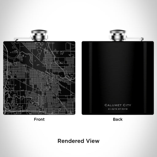 Rendered View of Calumet City Illinois Map Engraving on 6oz Stainless Steel Flask in Black
