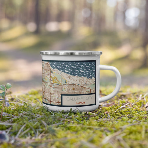 Right View Custom Calumet City Illinois Map Enamel Mug in Woodblock on Grass With Trees in Background