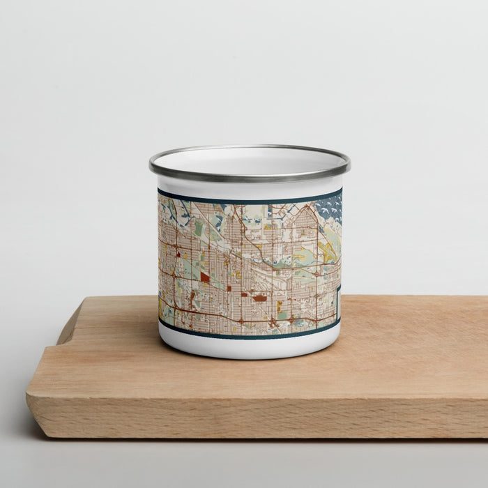 Front View Custom Calumet City Illinois Map Enamel Mug in Woodblock on Cutting Board
