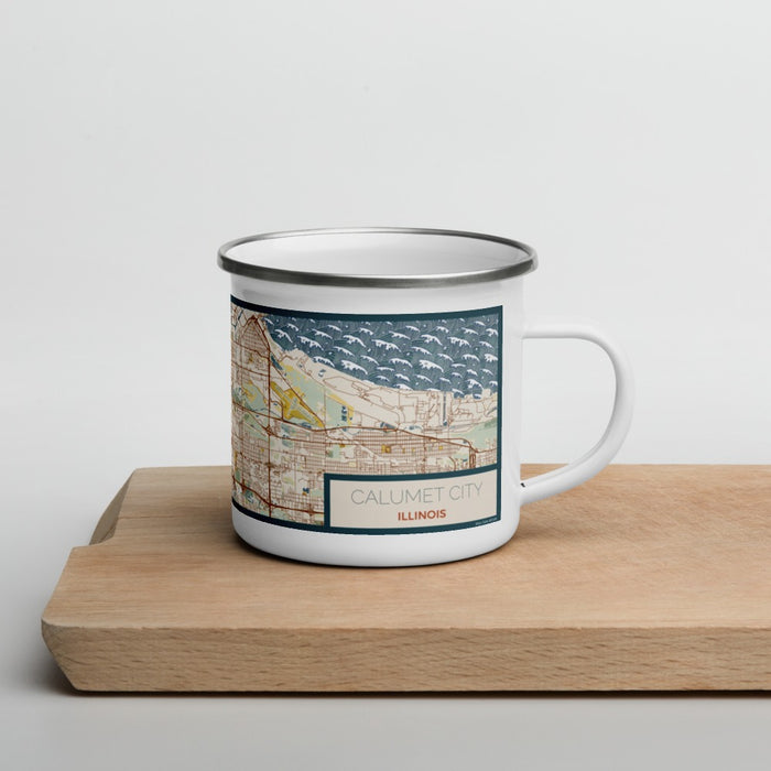 Right View Custom Calumet City Illinois Map Enamel Mug in Woodblock
