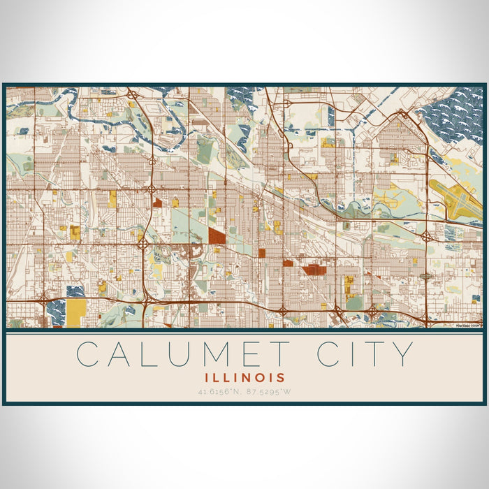 Calumet City Illinois Map Print Landscape Orientation in Woodblock Style With Shaded Background