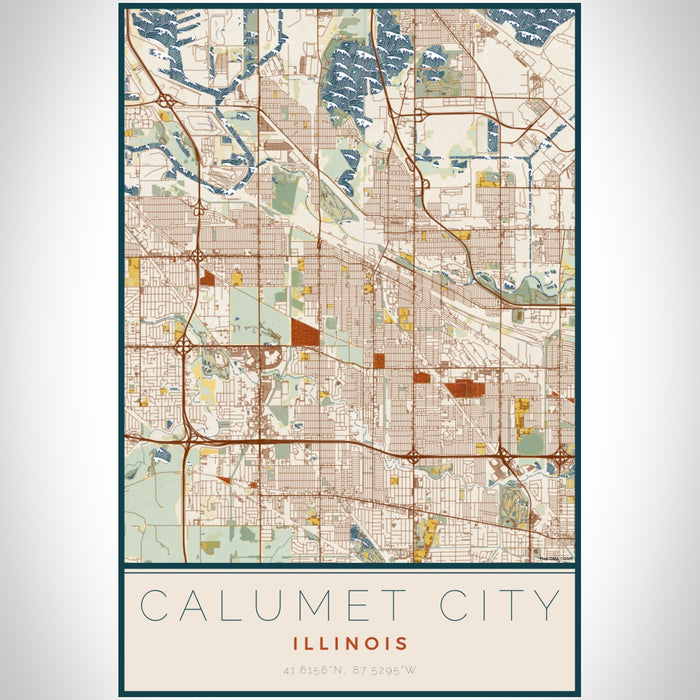 Calumet City Illinois Map Print Portrait Orientation in Woodblock Style With Shaded Background