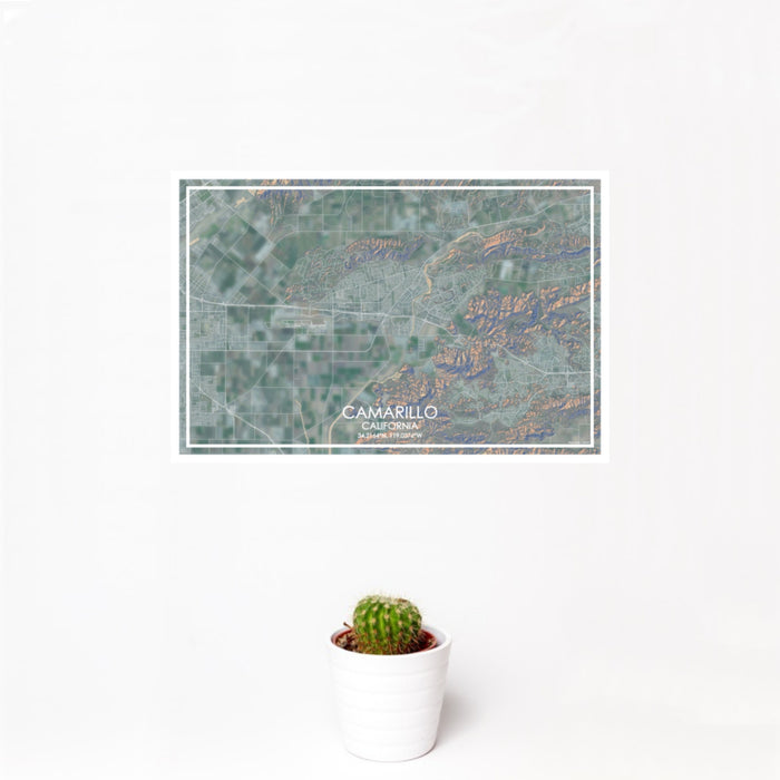 12x18 Camarillo California Map Print Landscape Orientation in Afternoon Style With Small Cactus Plant in White Planter