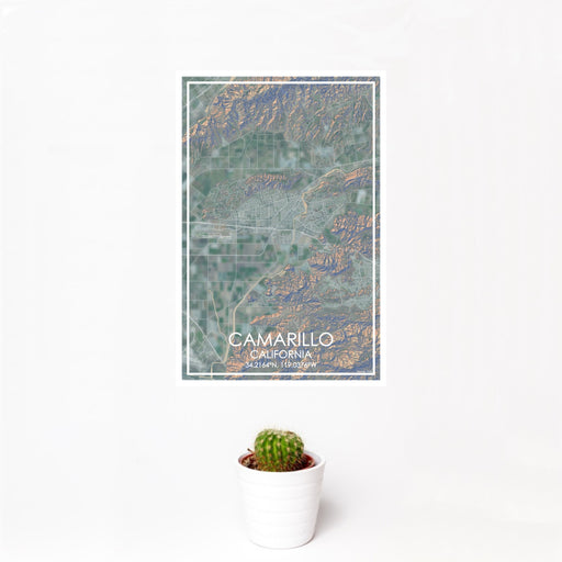 12x18 Camarillo California Map Print Portrait Orientation in Afternoon Style With Small Cactus Plant in White Planter