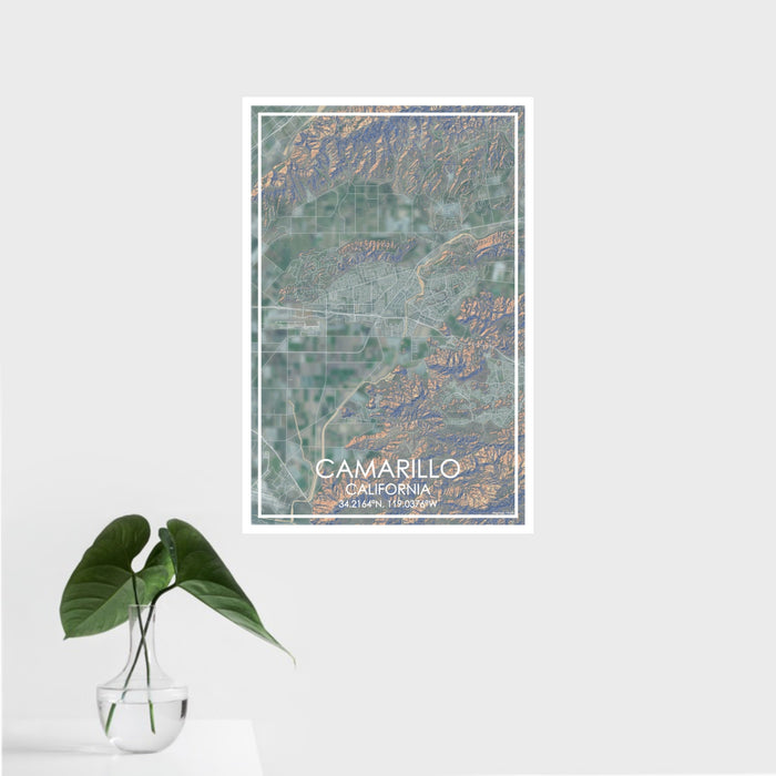 16x24 Camarillo California Map Print Portrait Orientation in Afternoon Style With Tropical Plant Leaves in Water