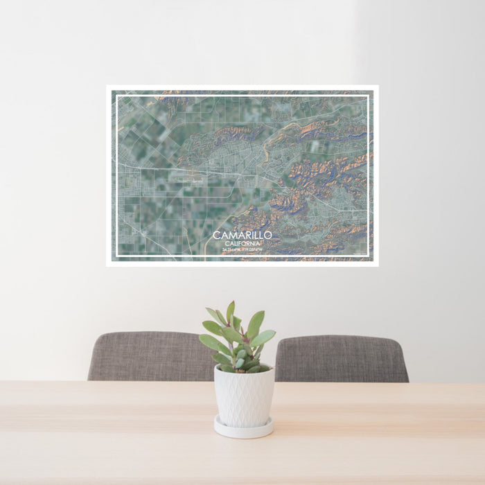 24x36 Camarillo California Map Print Lanscape Orientation in Afternoon Style Behind 2 Chairs Table and Potted Plant