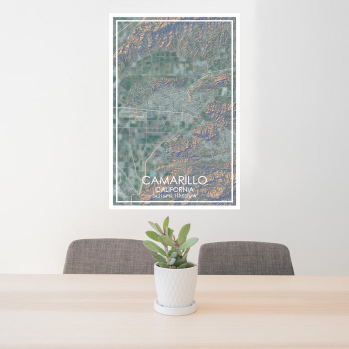 24x36 Camarillo California Map Print Portrait Orientation in Afternoon Style Behind 2 Chairs Table and Potted Plant