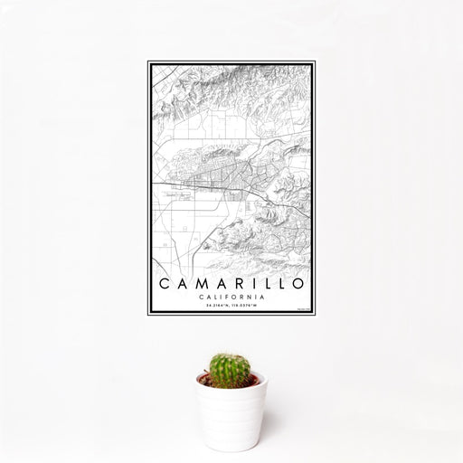 12x18 Camarillo California Map Print Portrait Orientation in Classic Style With Small Cactus Plant in White Planter