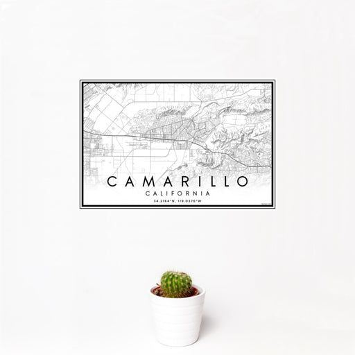 12x18 Camarillo California Map Print Landscape Orientation in Classic Style With Small Cactus Plant in White Planter