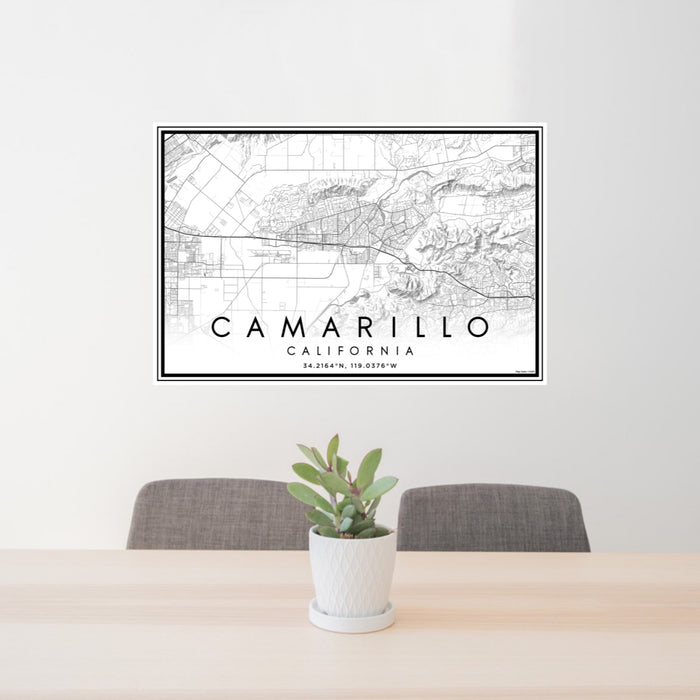 24x36 Camarillo California Map Print Landscape Orientation in Classic Style Behind 2 Chairs Table and Potted Plant
