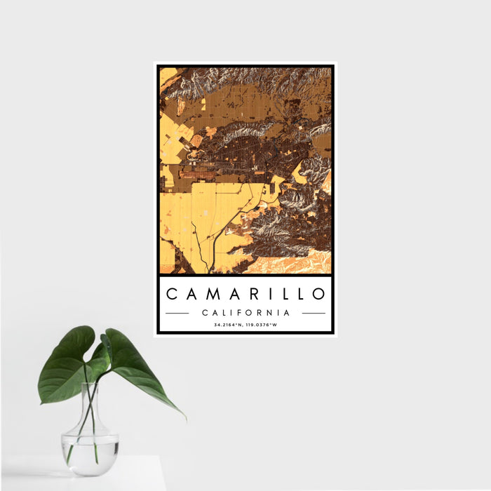 16x24 Camarillo California Map Print Portrait Orientation in Ember Style With Tropical Plant Leaves in Water