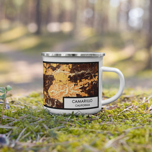 Right View Custom Camarillo California Map Enamel Mug in Ember on Grass With Trees in Background