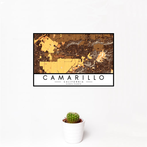 12x18 Camarillo California Map Print Landscape Orientation in Ember Style With Small Cactus Plant in White Planter